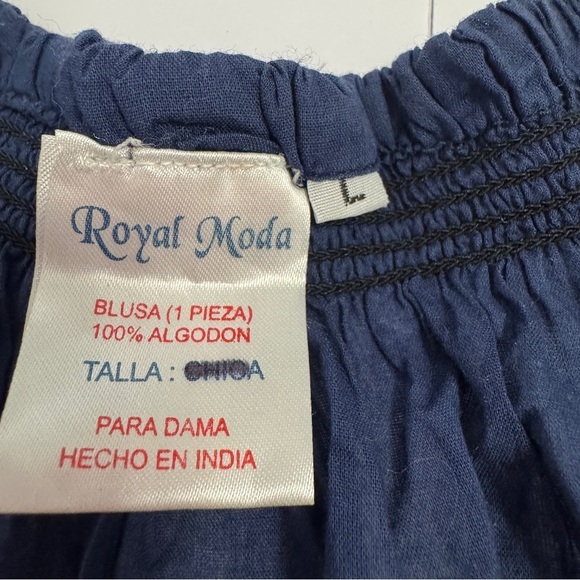 Royal Moda Embroidered Mexican Peasant Tunic Dress Navy Boho Floral Bird Sz L - Picture 7 of 8